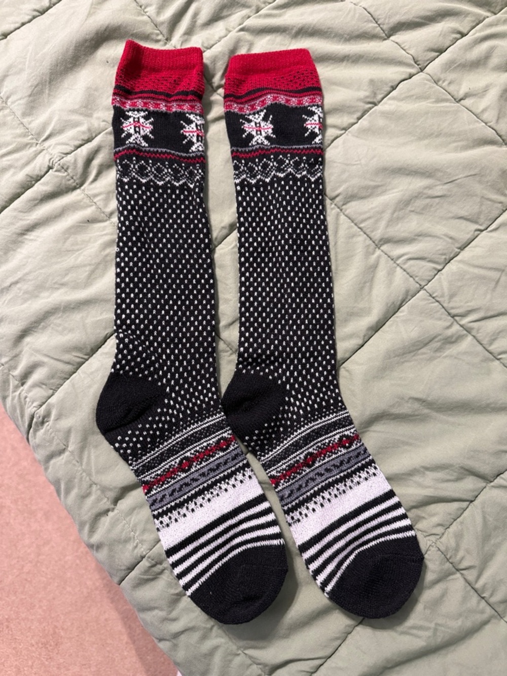 Black & Red Patterned Knee-High Socks - Cozy Holiday Style